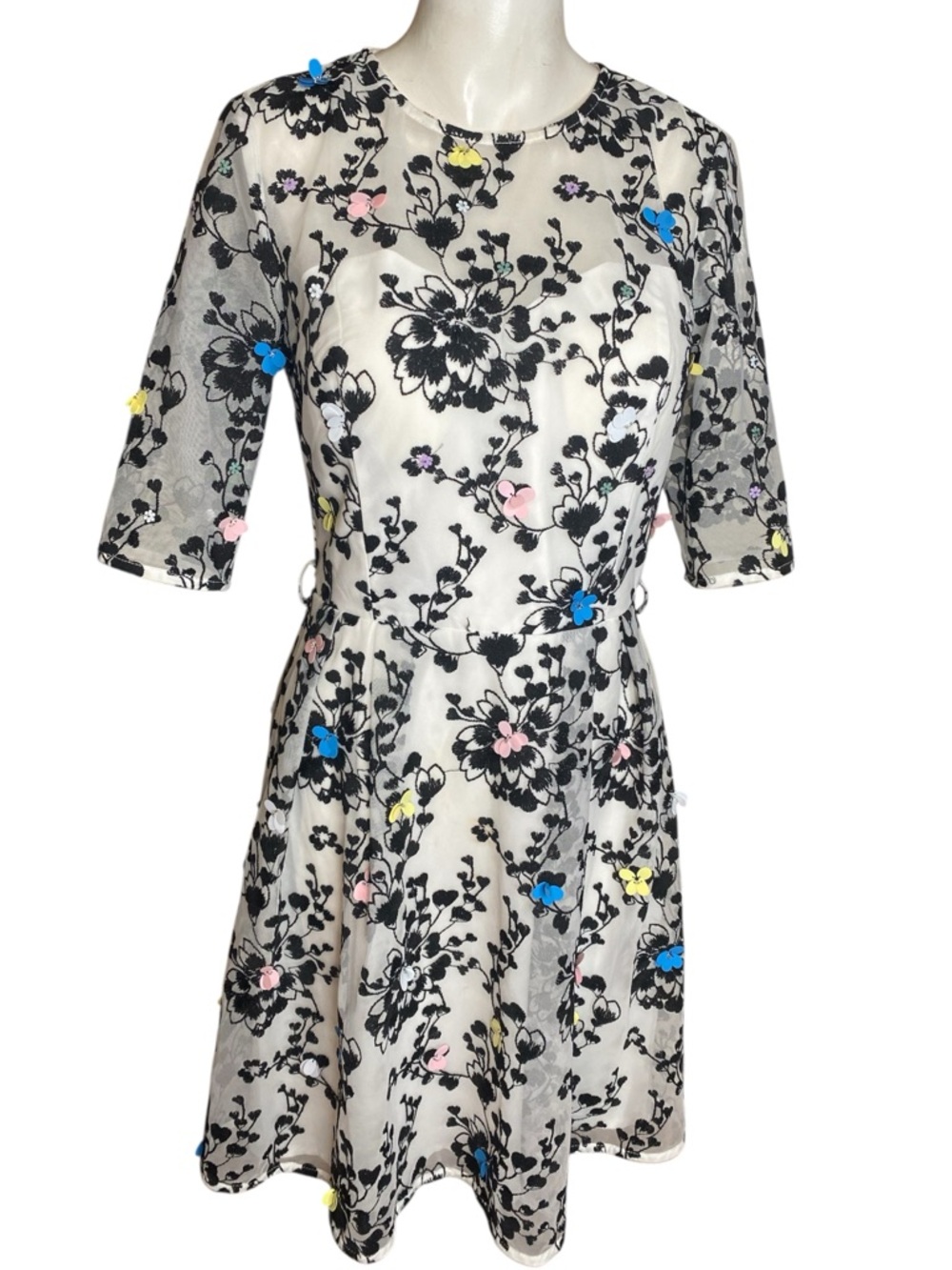 Little Mistress Black & White Fit-and-Flare Dress Pastel Accents beads Sz 8